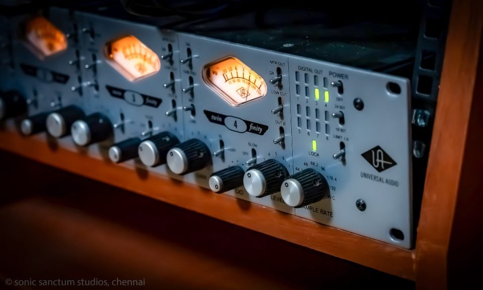 Universal Audio Twin-Finity preamps with lit VU meters